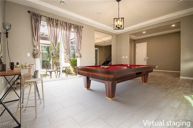 recreation room featuring billiards, visible vents, baseboards, a raised ceiling, and a chandelier