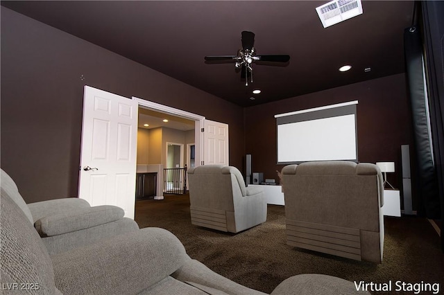 carpeted home theater featuring recessed lighting, visible vents, and ceiling fan