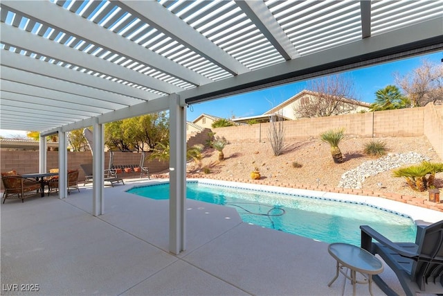 view of swimming pool featuring outdoor dining area, a pergola, a patio, a fenced backyard, and a fenced in pool