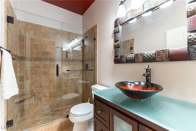 bathroom with a stall shower, toilet, and vanity