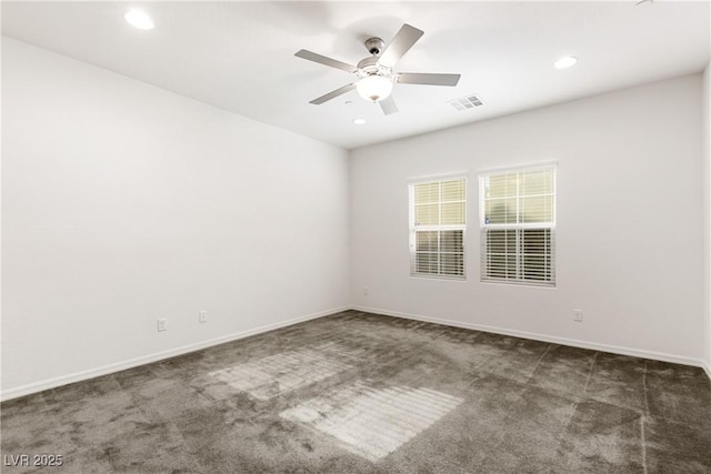 unfurnished room with recessed lighting, visible vents, ceiling fan, and carpet flooring