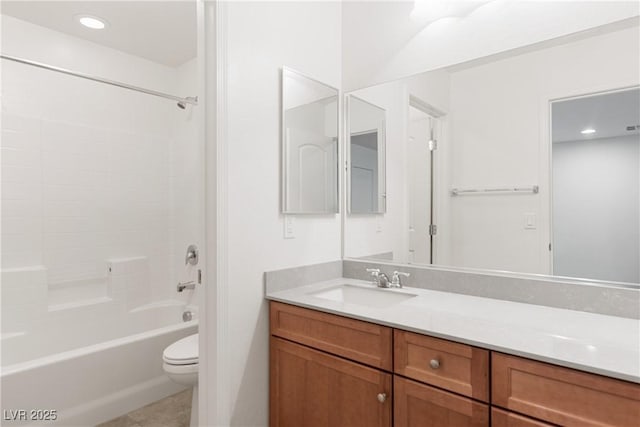 full bathroom with vanity, recessed lighting, tile patterned flooring, shower / bathing tub combination, and toilet