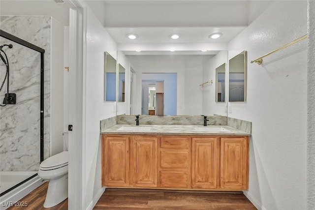 bathroom featuring toilet, a marble finish shower, a sink, and wood finished floors