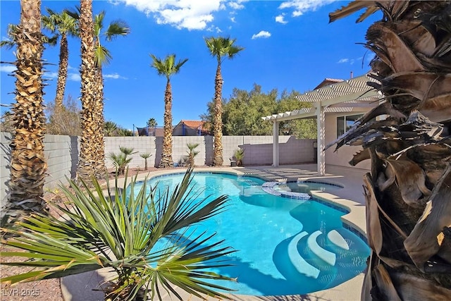 view of pool featuring a patio area, a pool with connected hot tub, a pergola, and a fenced backyard