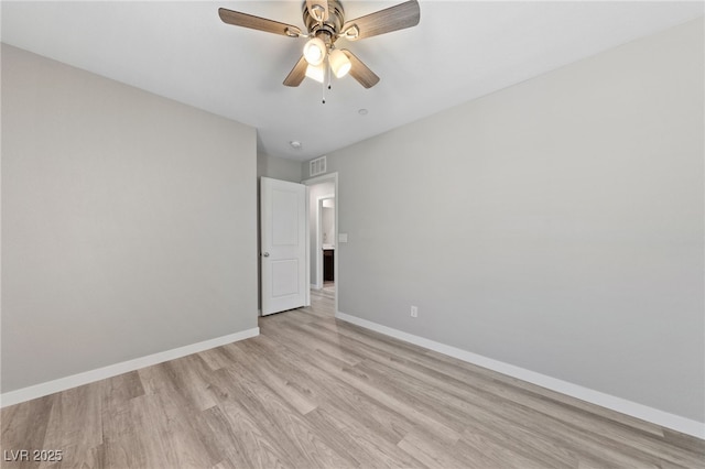 unfurnished room featuring visible vents, a ceiling fan, baseboards, and light wood-type flooring