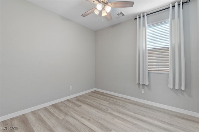 empty room with baseboards, visible vents, light wood-style flooring, and a ceiling fan