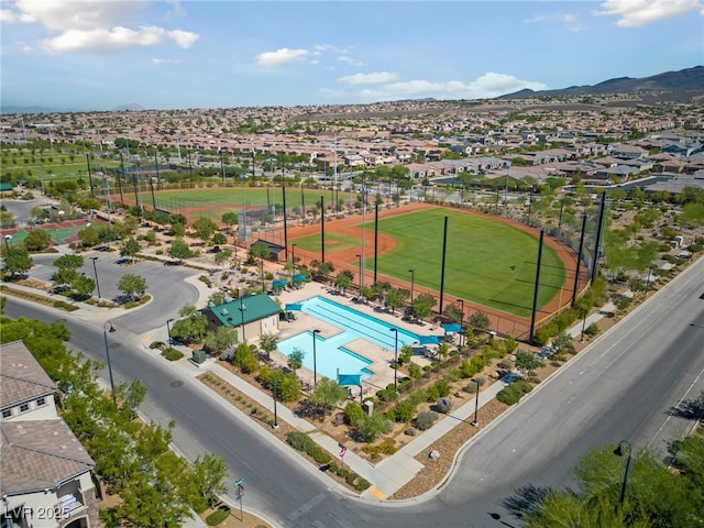 bird's eye view featuring a residential view and a mountain view