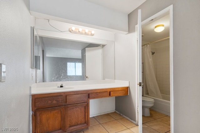 bathroom with toilet, vanity, shower / bath combination with curtain, and tile patterned floors