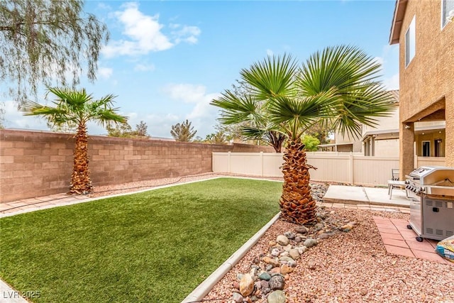 view of yard with a fenced backyard and a patio