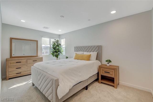 bedroom featuring light carpet, recessed lighting, visible vents, and baseboards