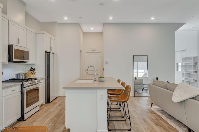 kitchen with light wood finished floors, a kitchen island with sink, stainless steel appliances, and a sink