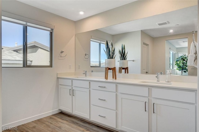 bathroom featuring visible vents, a sink, baseboards, and wood finished floors