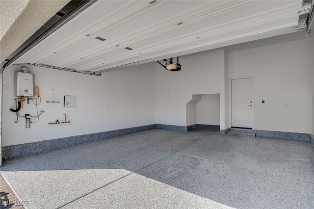 garage with a garage door opener, water heater, and baseboards