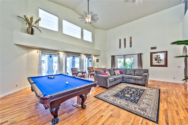 playroom with ceiling fan, pool table, baseboards, and wood finished floors