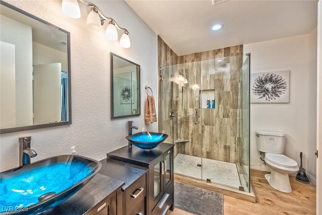 bathroom with double vanity, a stall shower, toilet, and a sink