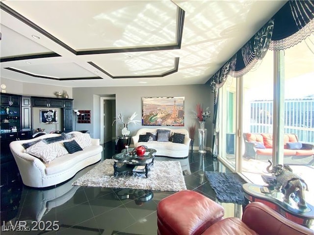 tiled living room featuring coffered ceiling