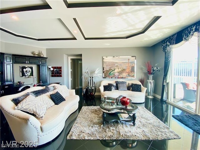 living area with tile patterned flooring, coffered ceiling, and baseboards