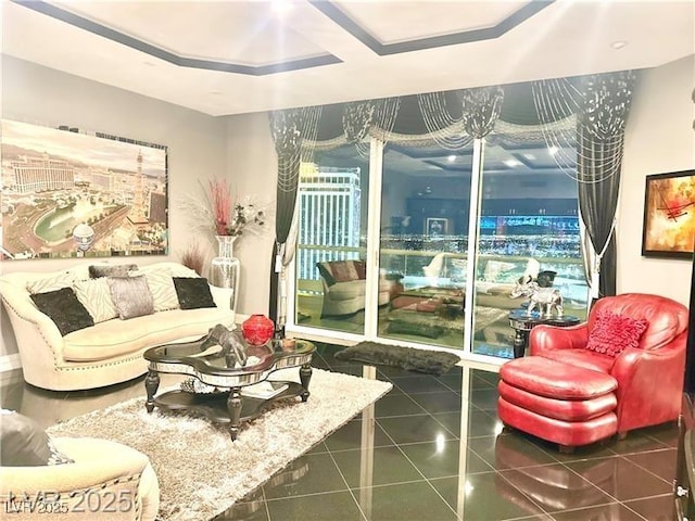 living room with tile patterned flooring