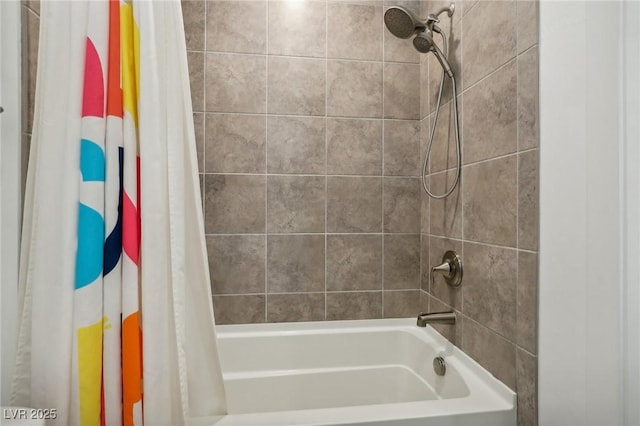 full bathroom with shower / bathtub combination with curtain