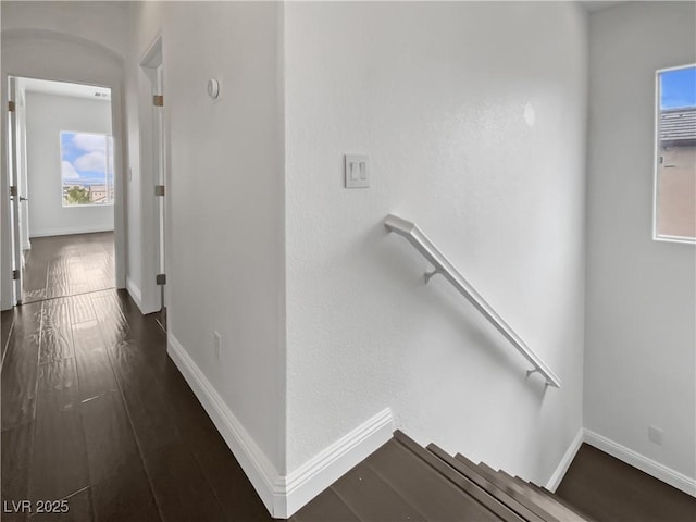 staircase with baseboards, a healthy amount of sunlight, and wood finished floors