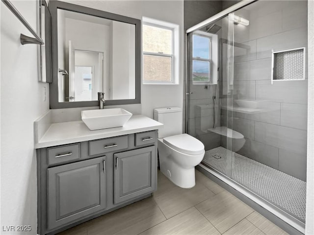 bathroom featuring toilet, a stall shower, and vanity