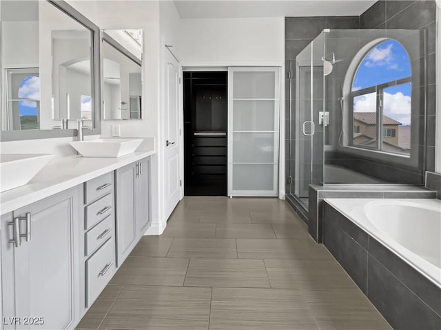 bathroom featuring plenty of natural light, a shower stall, and a sink