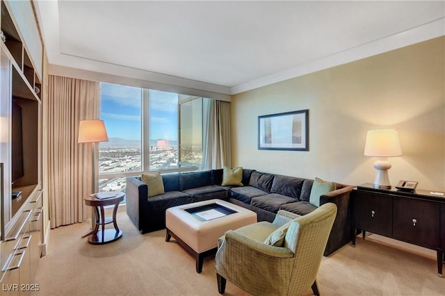 living room with light colored carpet