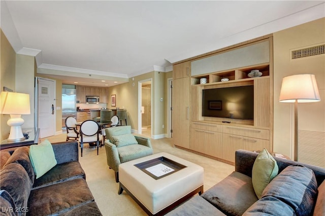 living area featuring ornamental molding, light colored carpet, visible vents, and baseboards