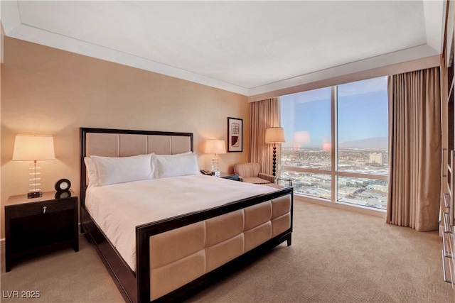 bedroom featuring expansive windows, a city view, crown molding, and light colored carpet