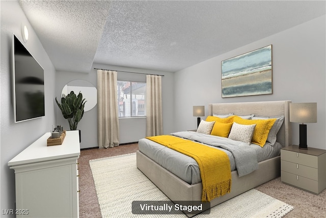 bedroom with light carpet and a textured ceiling