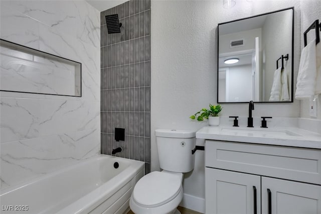 full bath with visible vents, toilet, vanity, and washtub / shower combination