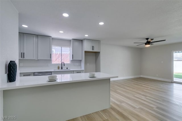 kitchen with light countertops, light wood-style flooring, and a healthy amount of sunlight