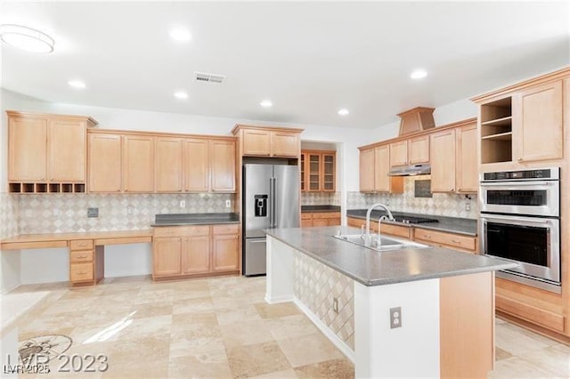 kitchen featuring open shelves, light brown cabinets, stainless steel appliances, and a sink