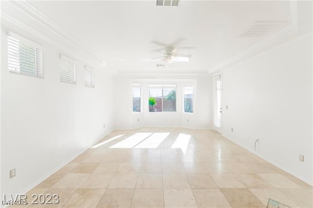 unfurnished room featuring ornamental molding, visible vents, ceiling fan, and light tile patterned flooring