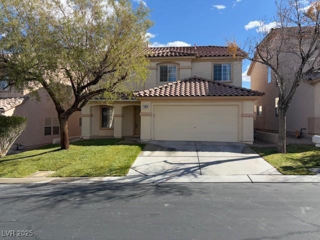 mediterranean / spanish home featuring stucco siding, driveway, a tile roof, a front yard, and a garage