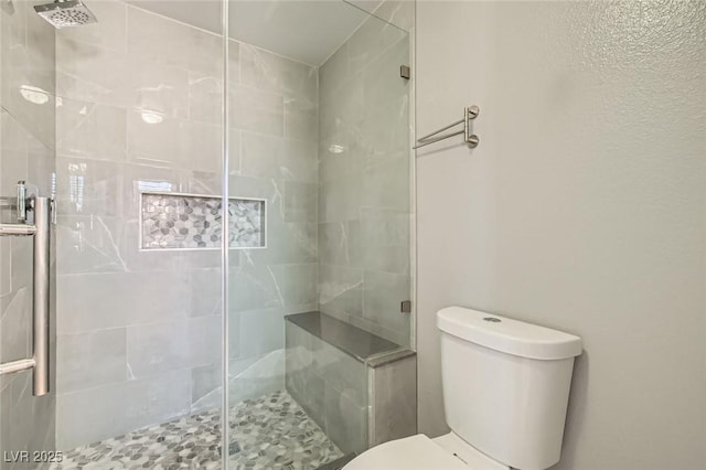 full bathroom with a stall shower and toilet