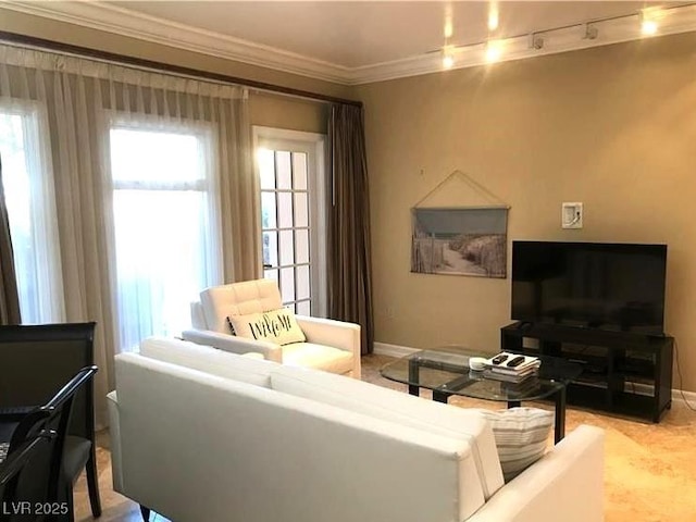 living area with baseboards and ornamental molding