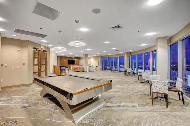 recreation room featuring billiards, recessed lighting, and visible vents