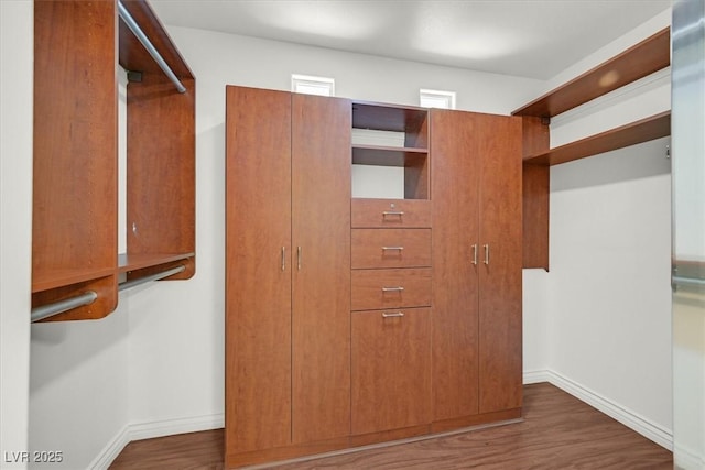 walk in closet with wood finished floors