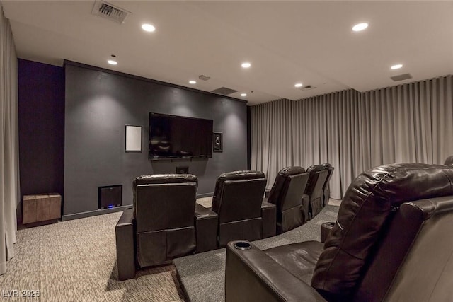 carpeted home theater with visible vents and recessed lighting