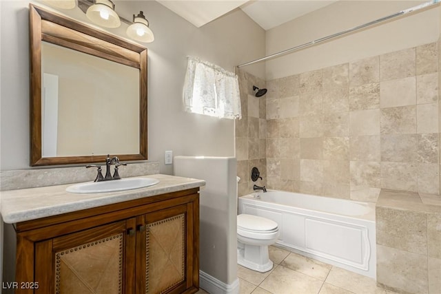 bathroom with shower / bath combination, vanity, toilet, and tile patterned floors