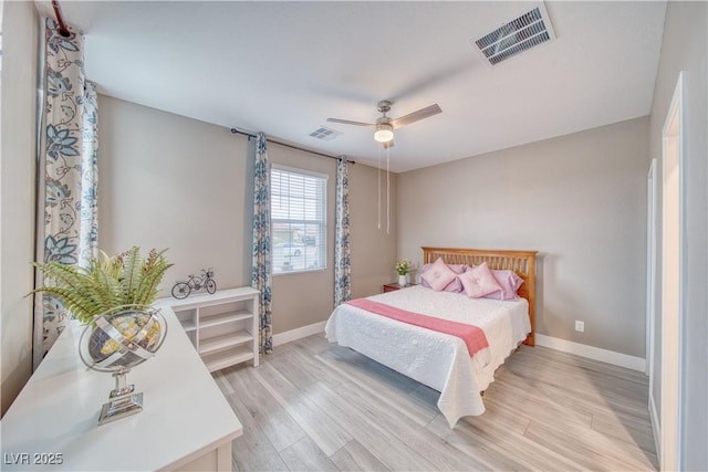 bedroom with light wood-type flooring, visible vents, and baseboards