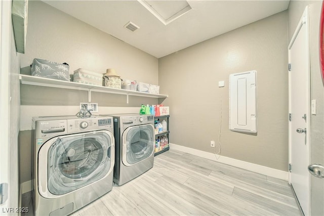 laundry room with laundry area, baseboards, visible vents, wood finished floors, and independent washer and dryer