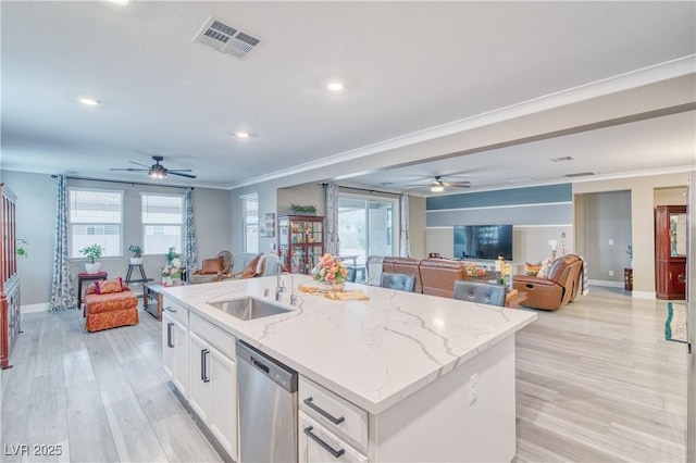 kitchen with a sink, visible vents, open floor plan, dishwasher, and plenty of natural light