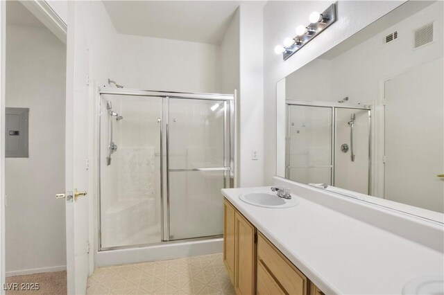 full bath with a stall shower, a sink, visible vents, and electric panel