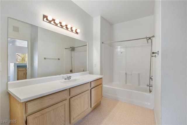 full bathroom featuring tile patterned floors, visible vents, tub / shower combination, and vanity