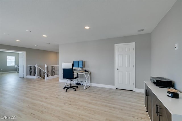 office with recessed lighting, light wood-style flooring, and baseboards