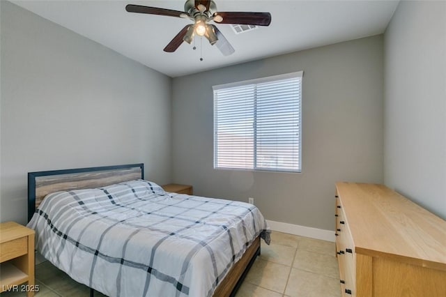 bedroom with baseboards, light tile patterned floors, and a ceiling fan