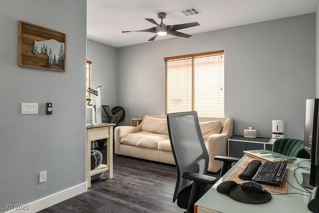 office area featuring a ceiling fan, visible vents, baseboards, dark wood finished floors, and a textured wall