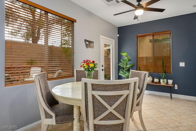 dining room featuring light tile patterned floors, visible vents, baseboards, and a ceiling fan